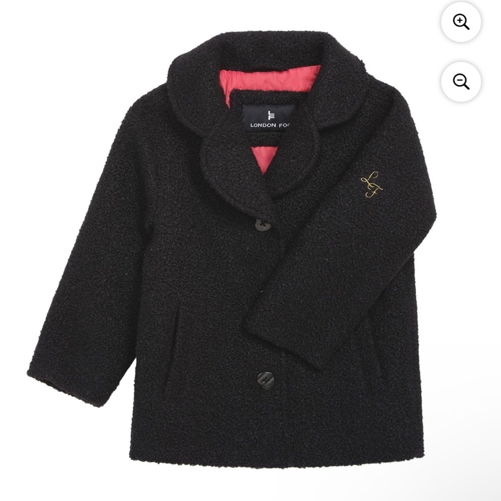 NWT London Fog Girls Coat 6/6X Black Teddy Jacket Hot Pink Lining Heart Buttons